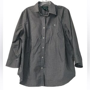 Ralph Lauren Non-Iron Blouse Ladies 1X 3/4 Sleeve Black White Gingham